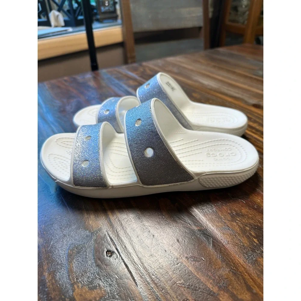 Crocs Glitter 2 Strap Slide Sandal Women's 9 or Men 7‎ White Silver Sparkle Shoe